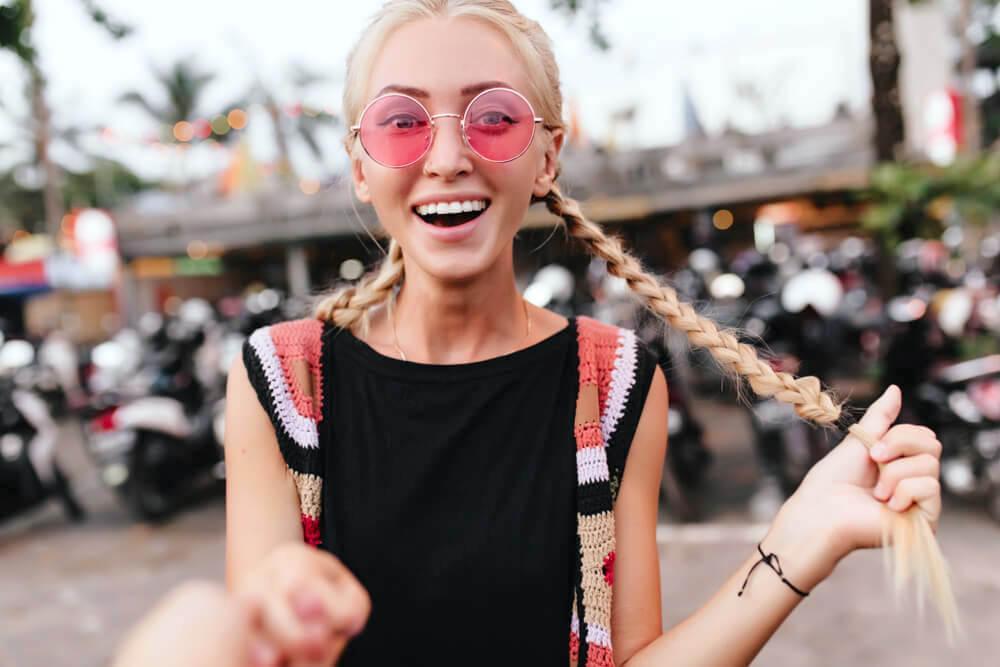 Young woman with pigtail braids