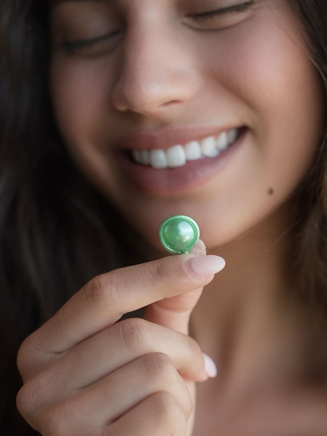 Woman holding a Takkra hair serum capsule